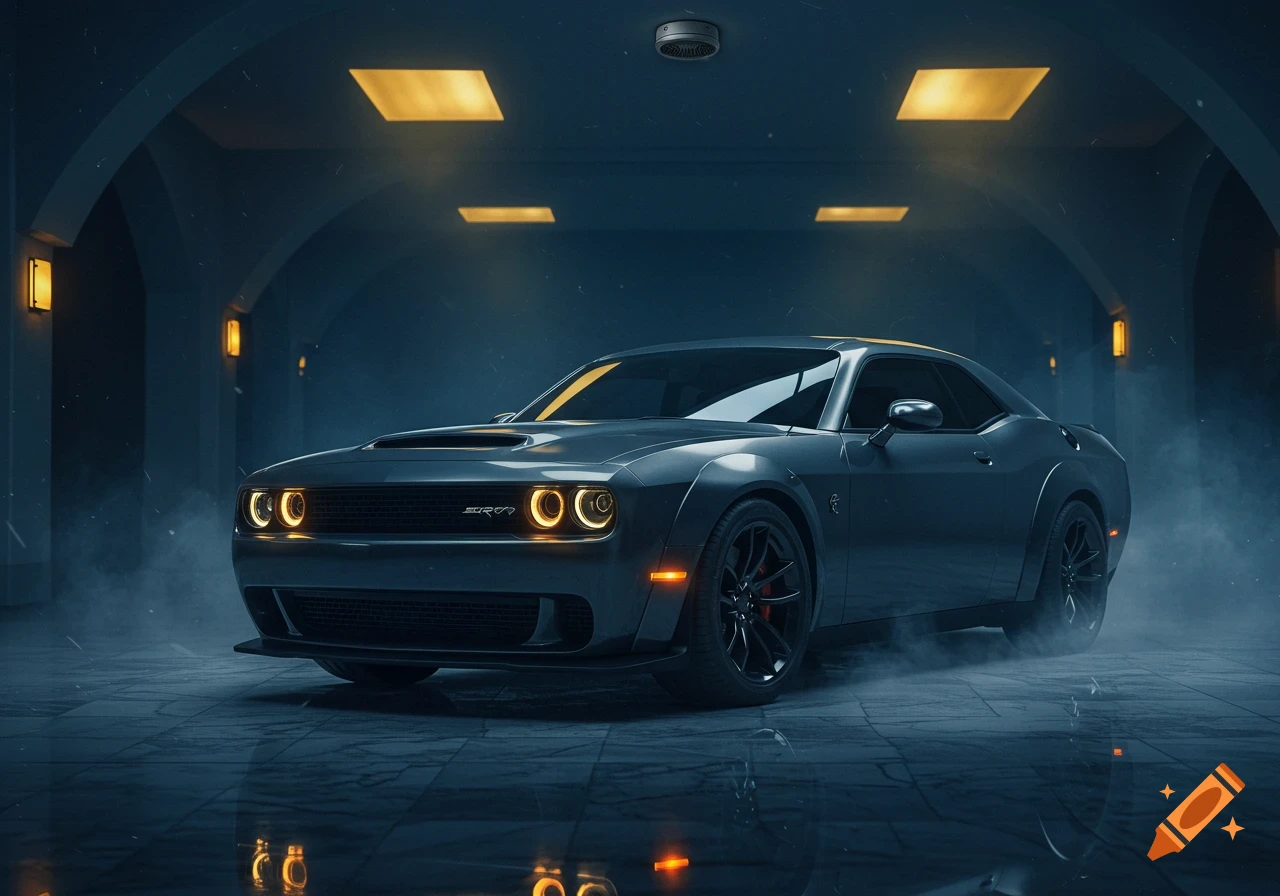 A dark gray Dodge Challenger Hellcat with glowing headlights in a dimly lit, arched garage with haze.