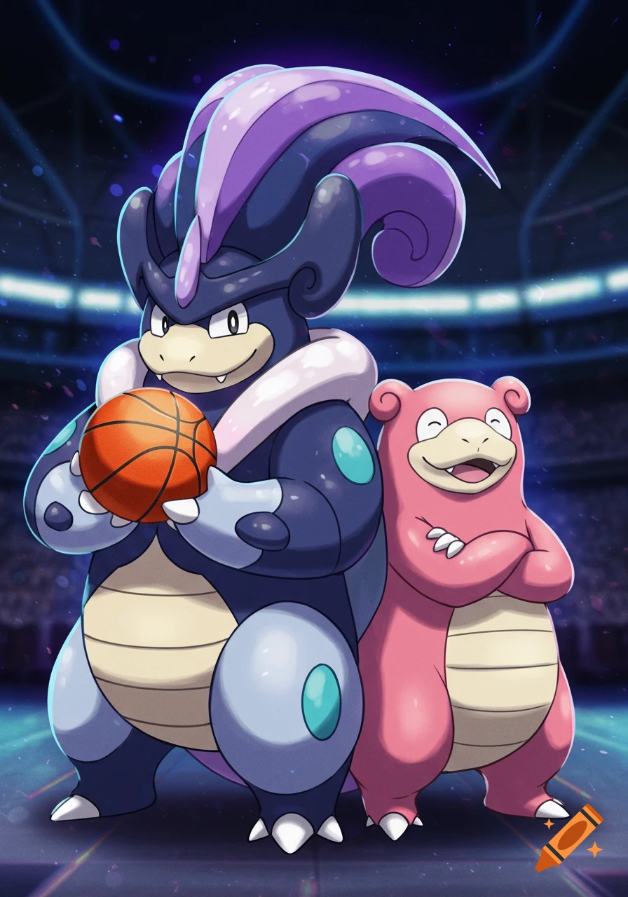 An anime-style Galarian Slowking holds a basketball next to a pink Slowpoke with folded arms, both in a basketball arena.