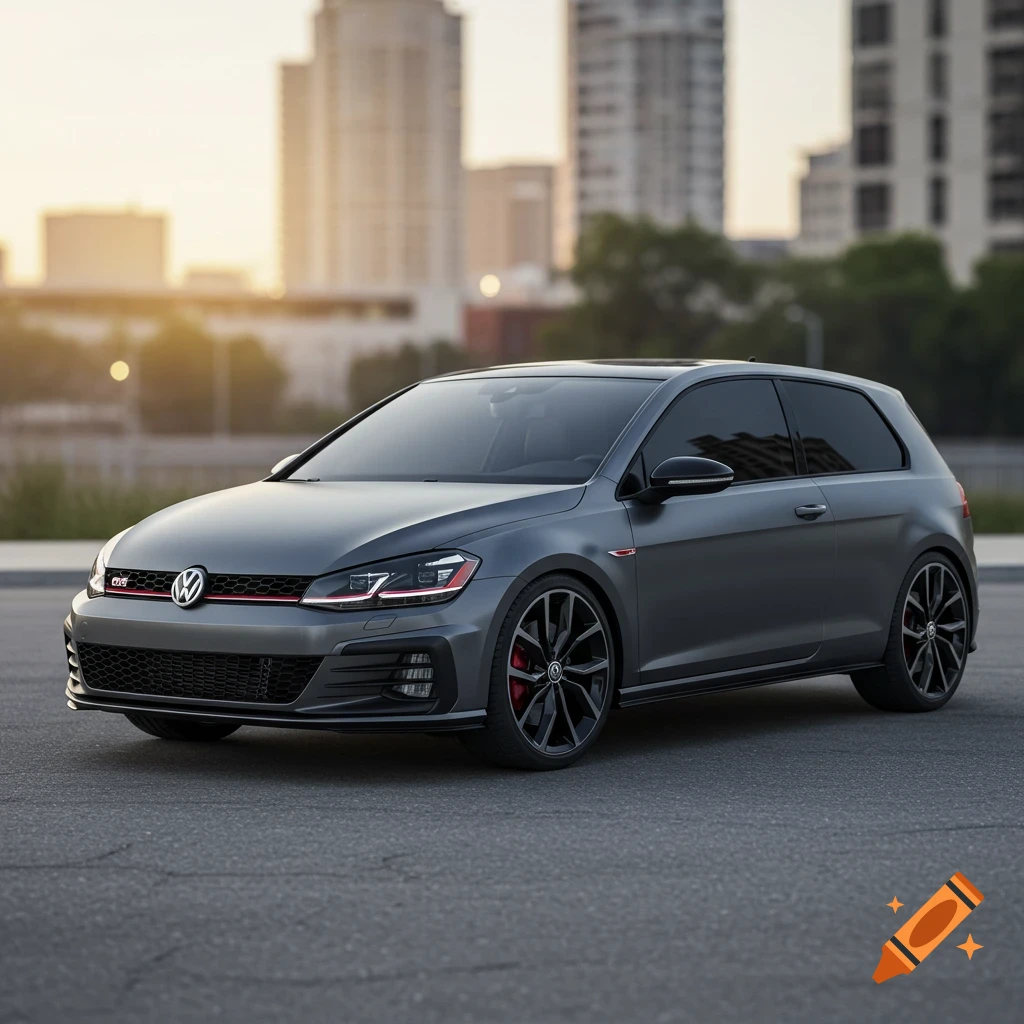 A matte grey Volkswagen GTI parked on an asphalt road with city buildings in the background at sunset.