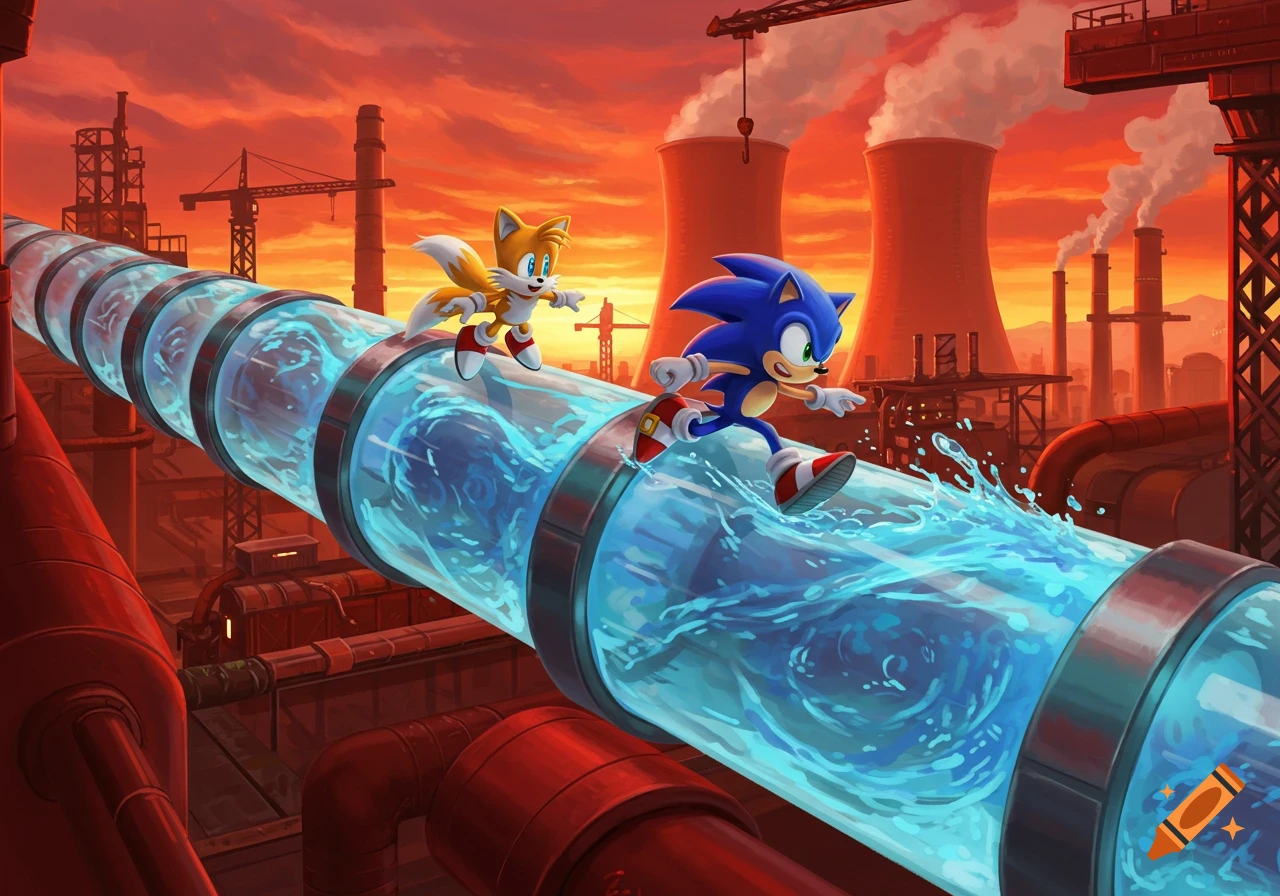 Sonic and Tails run on a clear water pipe over a red industrial city with power plants and cranes under an orange sky.
