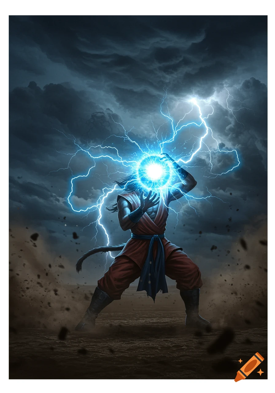 A powerful anime character, resembling Goku, charges a glowing blue energy ball in a stormy, lightning-filled landscape.