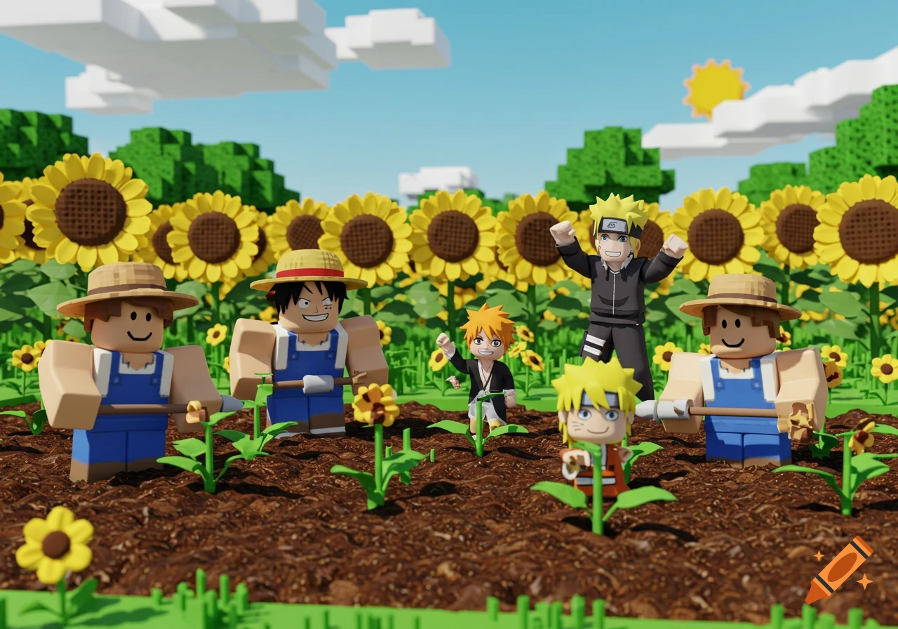 Roblox-style farmers tending a field of sunflowers, with anime characters Luffy, Naruto, and Ichigo growing as plants from the soil.