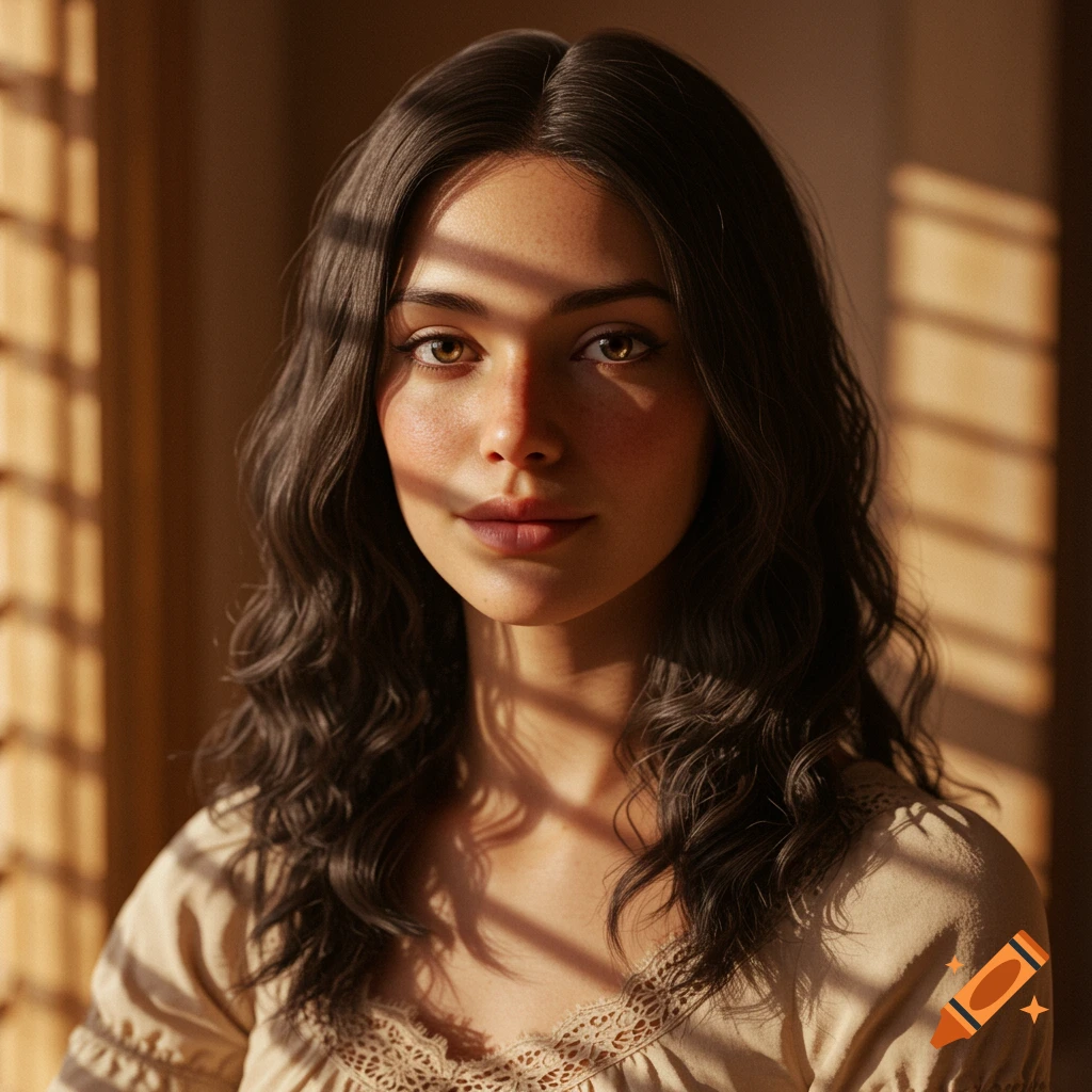 A close-up photorealistic portrait of a young woman with long dark wavy hair, illuminated by sunlight streaming through a window.