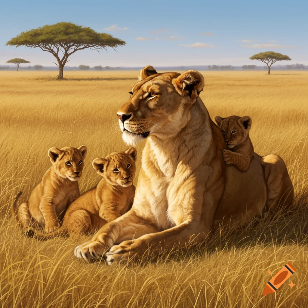 A photorealistic lioness with three cubs resting in tall golden grass in a savanna landscape.