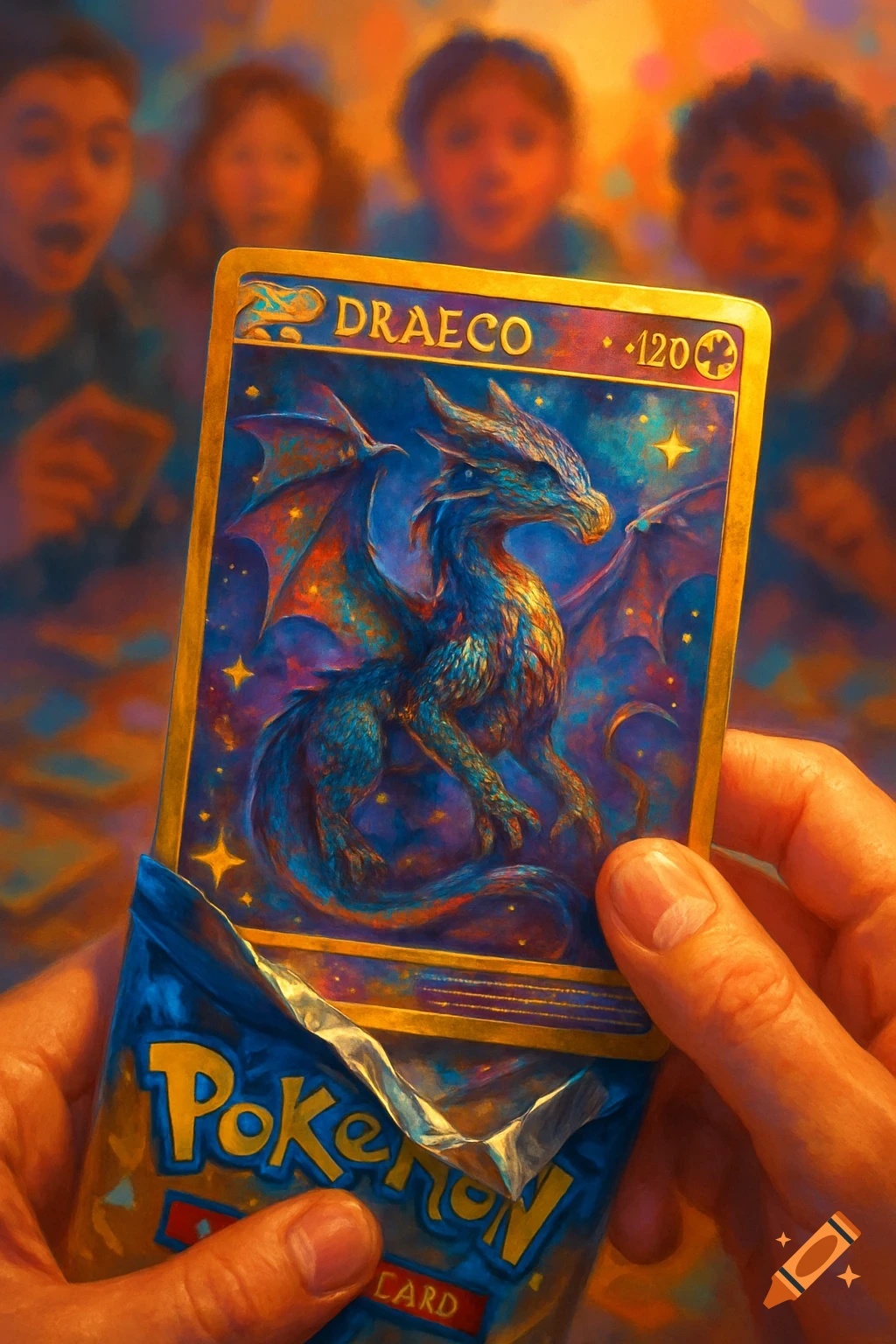 A hand opens a blue and yellow Pokemon card pack to reveal a glowing card with a blue and gold dragon named DRAECO. Blurred people watch in the background.