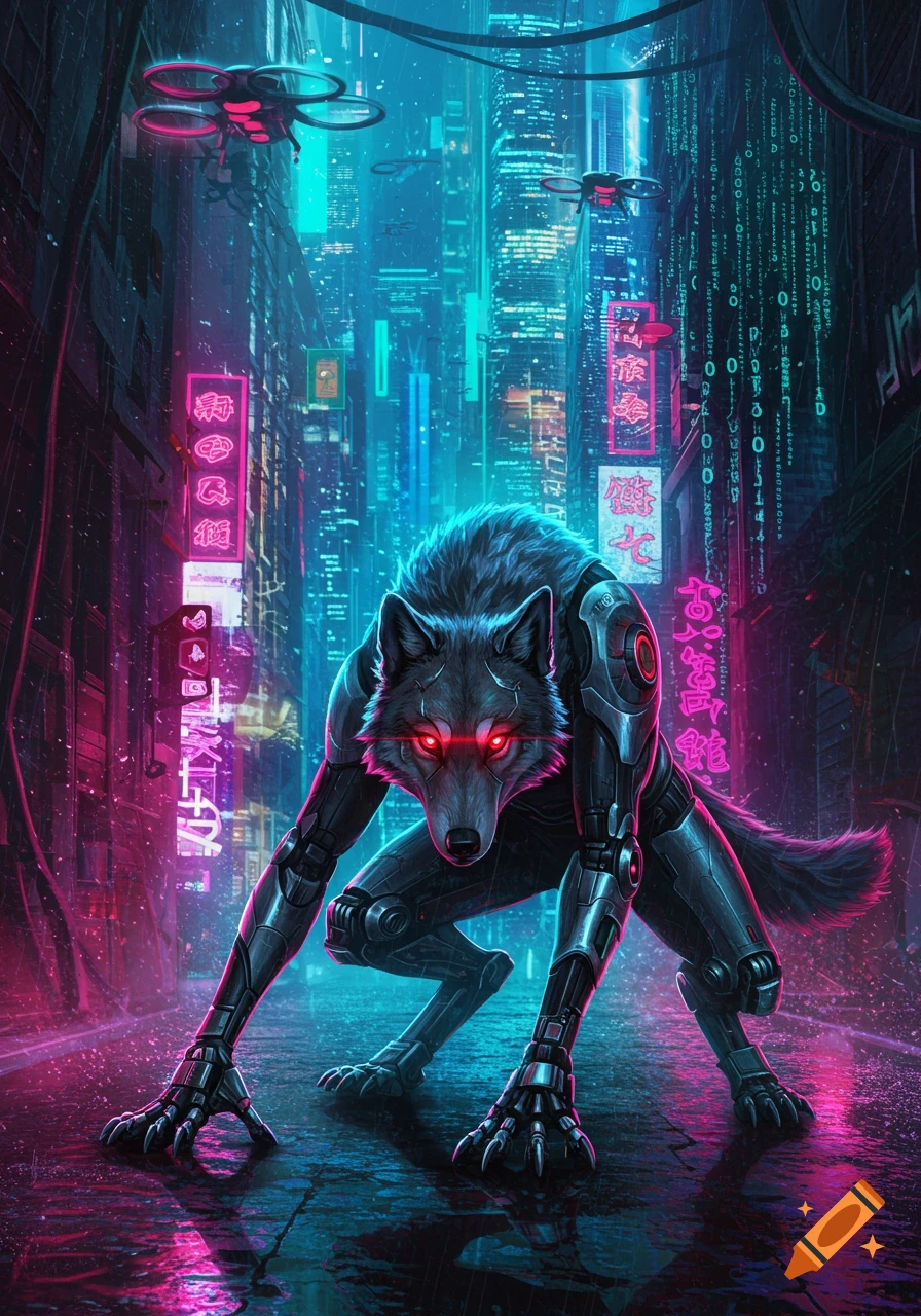 A cyborg wolf with glowing red eyes crouches on a wet street in a neon-lit cyberpunk city with flying drones.