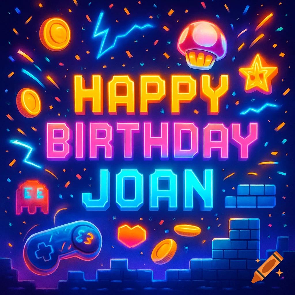 Neon 'Happy Birthday Joan' greeting card with gaming elements like coins, mushroom, and controller.