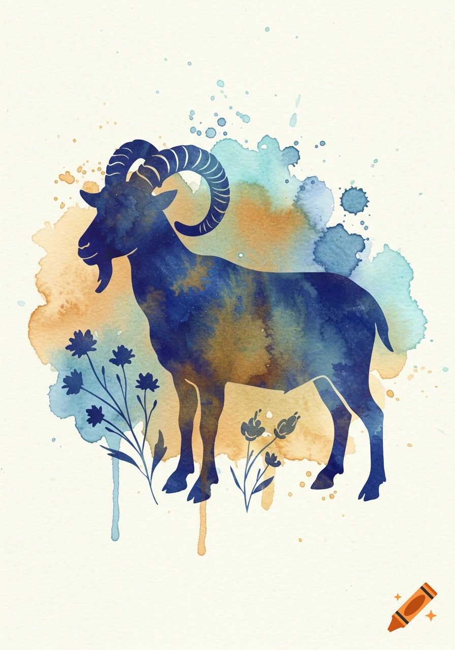 A watercolor silhouette of a goat with large curved horns, standing amidst watercolor splatters in shades of blue and brown, with blue plant silhouettes.