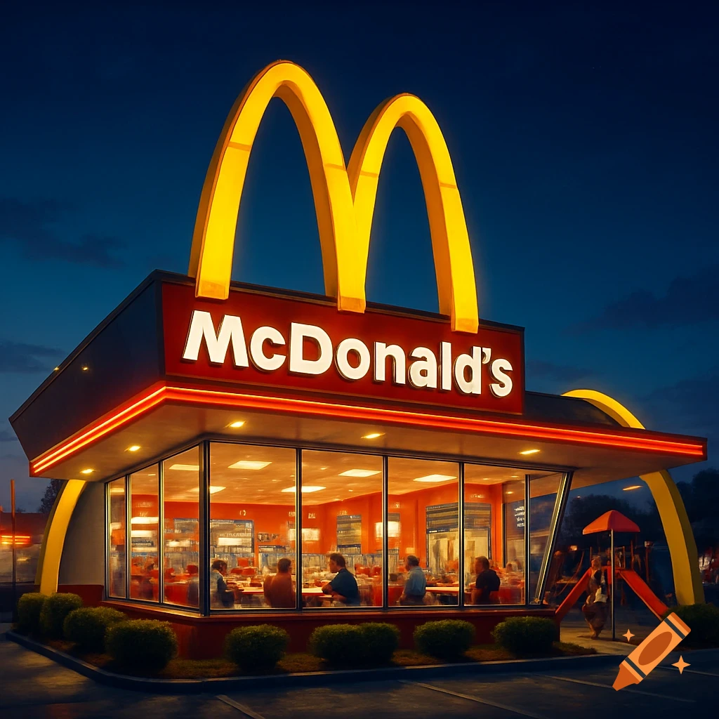 Photorealistic image of a McDonald's restaurant at night, with the iconic golden arches and an illuminated interior.