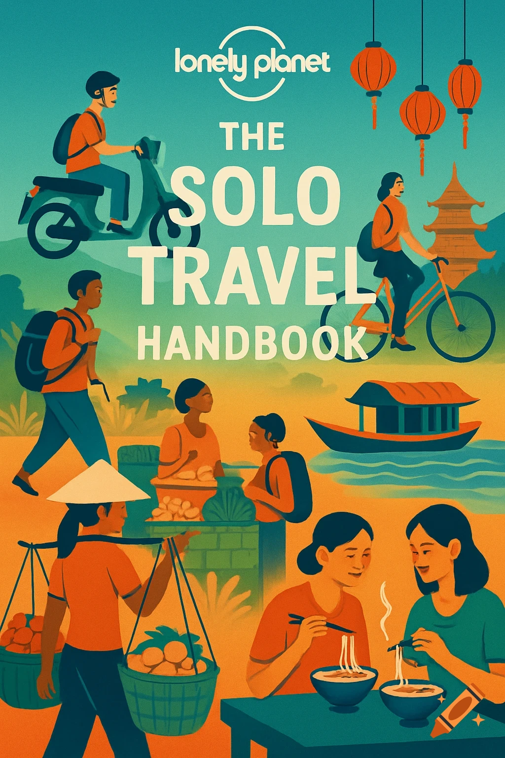 A colorful illustrated book cover titled 'The Solo Travel Handbook' by Lonely Planet, depicting various travel scenes in Southeast Asia, including people on a scooter and bicycle, market interactions, and eating noodles.