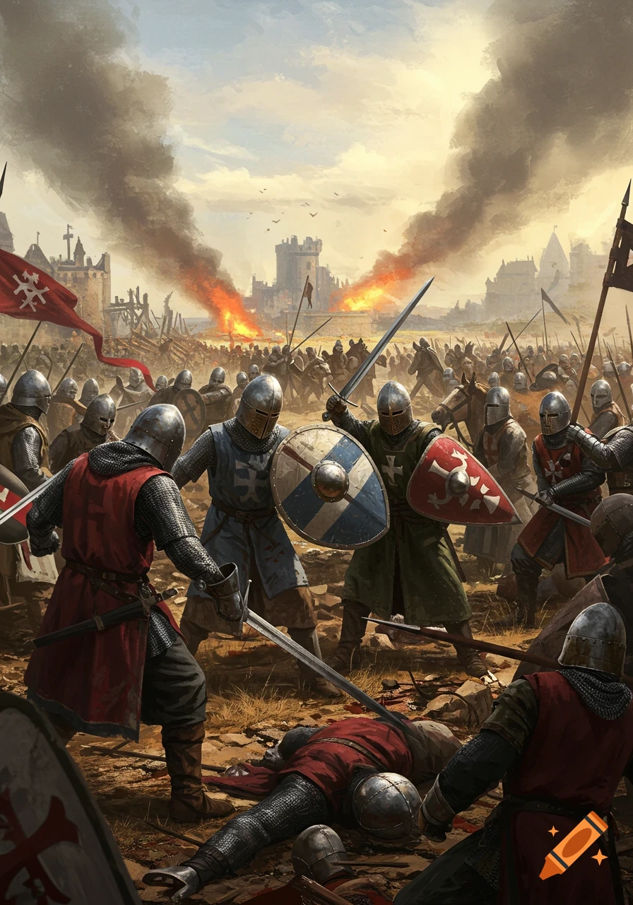 A large-scale medieval battle scene depicting knights in armor fighting with swords and shields amidst smoke and burning castles.