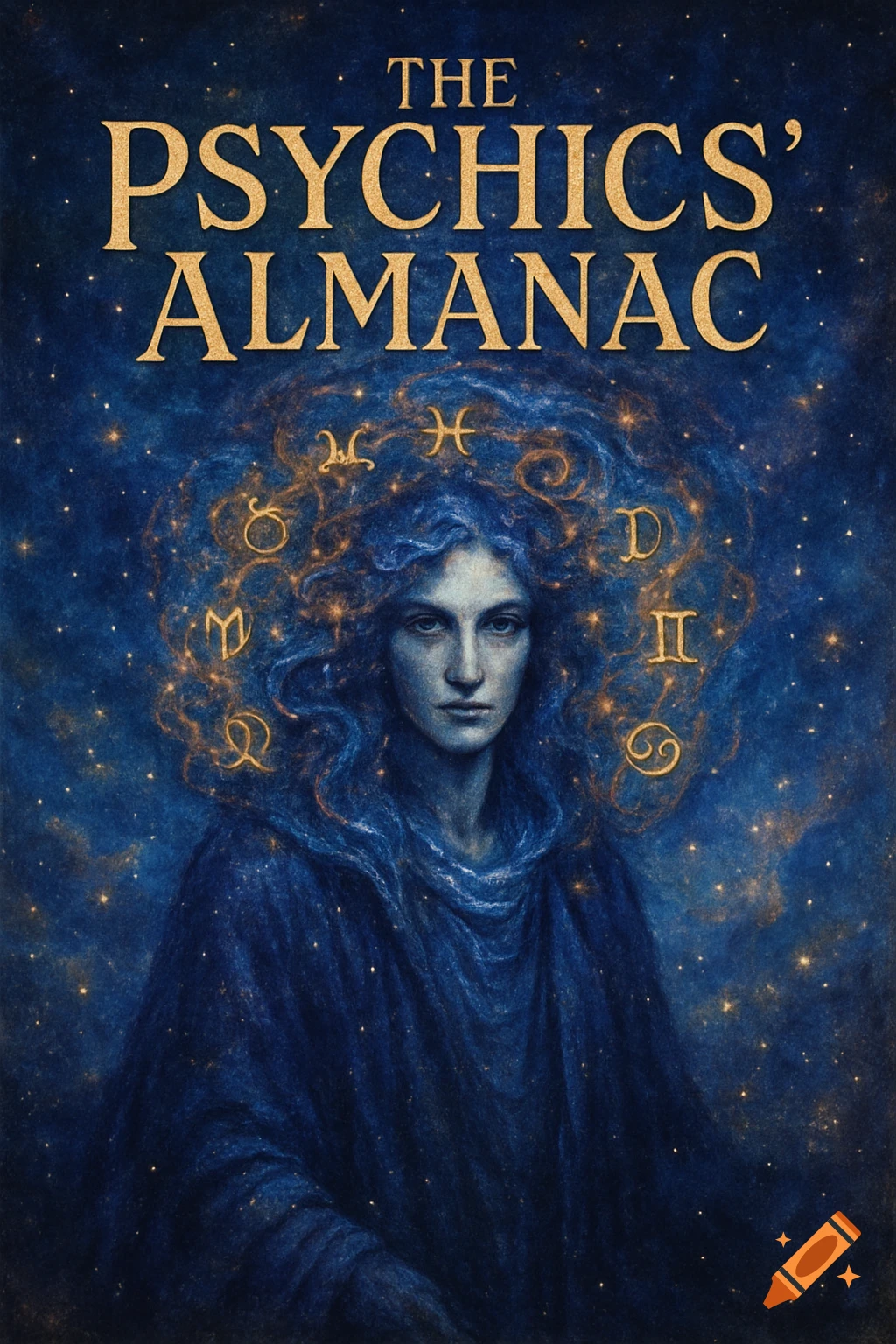 A mystical portrait of a woman with blue hair blending into a starry night sky with golden astrological symbols. The title "THE PSYCHICS' ALMANAC" is at the top.