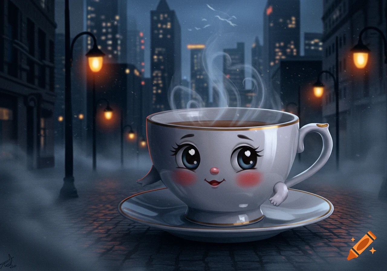A cute, anthropomorphic teacup with a face and small arm on a saucer on a foggy cobblestone street at night, with city lights in the background.
