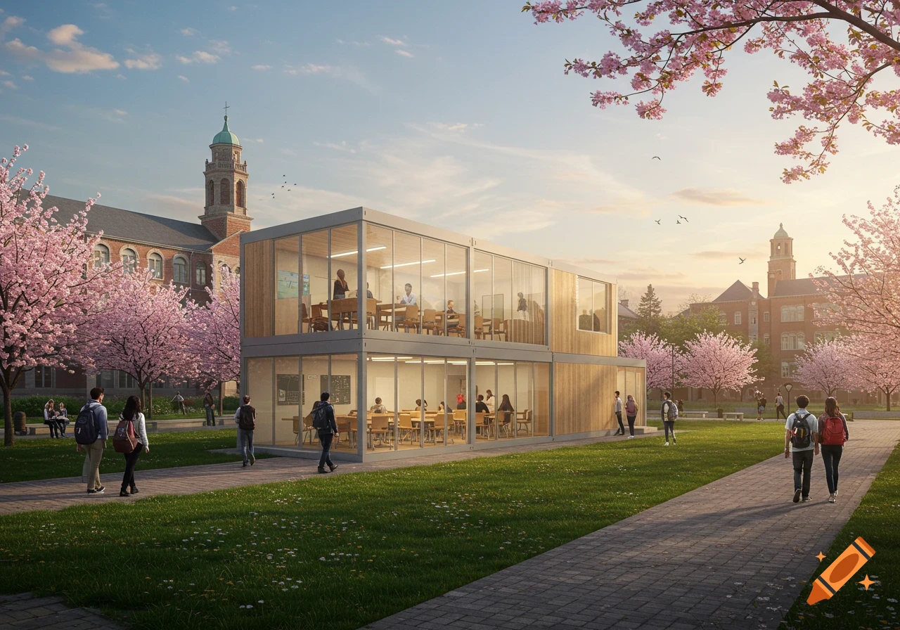 Photorealistic image of a modern modular classroom building on a university campus with cherry blossom trees and students.