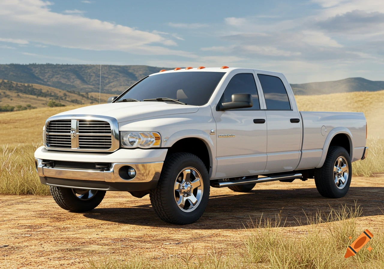 A white 2005 Dodge Ram 2500 quad cab pickup truck parked on a dirt road in a field with mountains in the background.