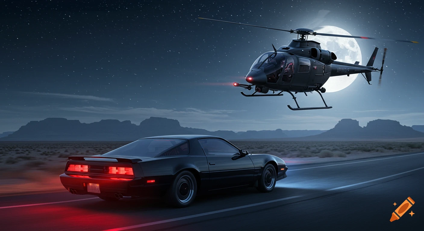 A black sports car with red taillights drives on a desert road at night, with a black helicopter flying parallel under a large full moon.