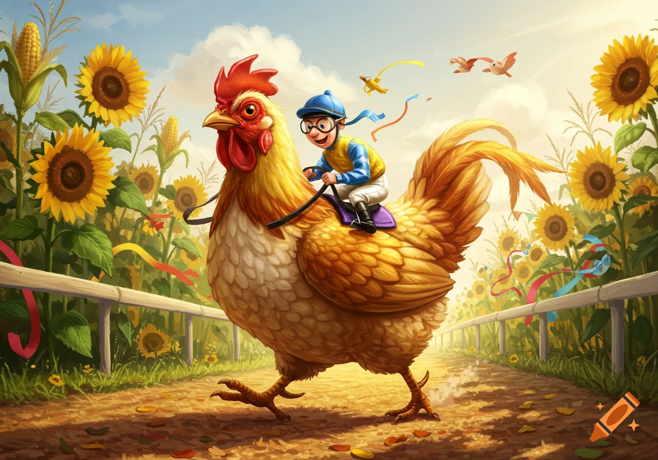 A vibrant cartoon illustration of a boy jockey riding a giant chicken through a sunny field of sunflowers and corn.