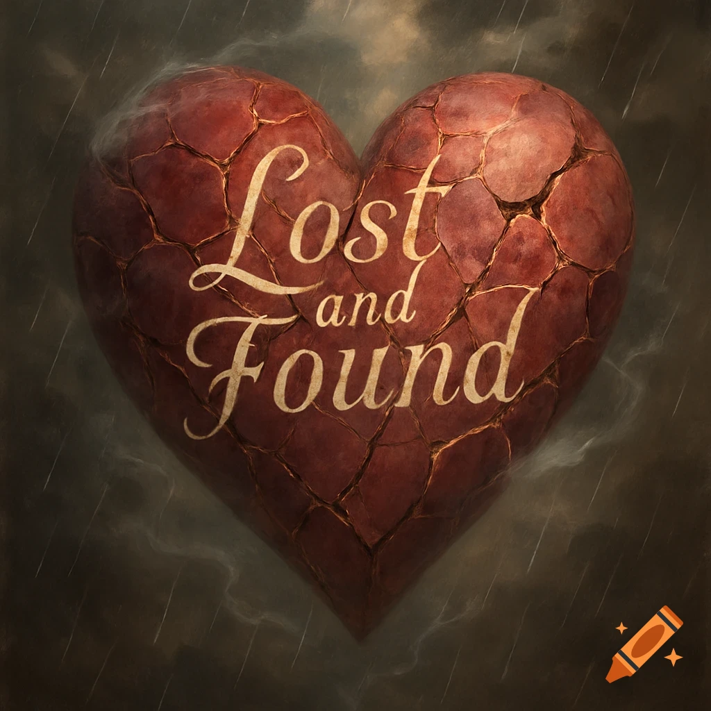 A cracked, textured red heart with the words "Lost and Found" on it, set against a dark, rainy background.