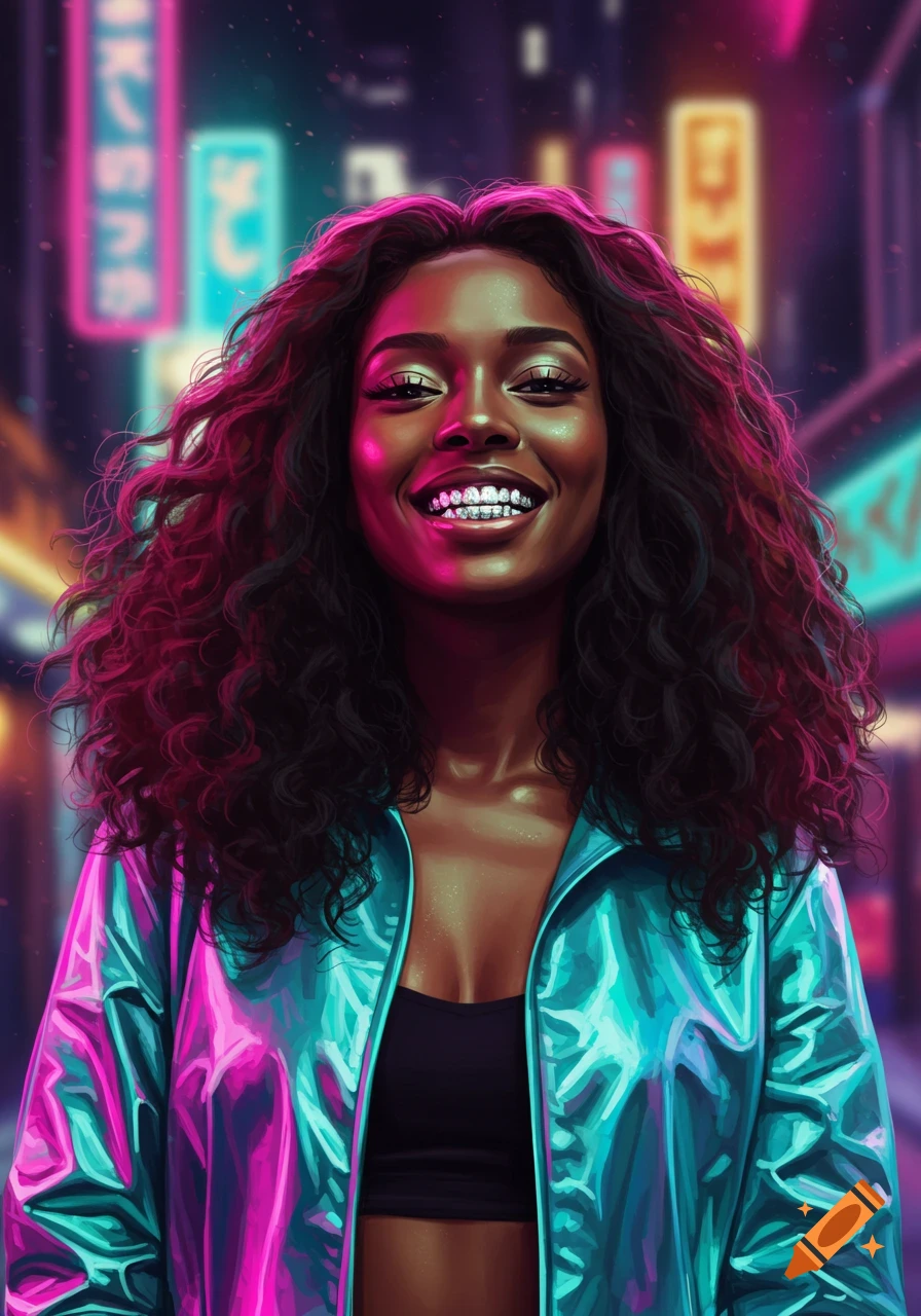 A smiling woman with dark curly hair and grillz wears a shiny turquoise and pink jacket against a neon city background, digital art style.