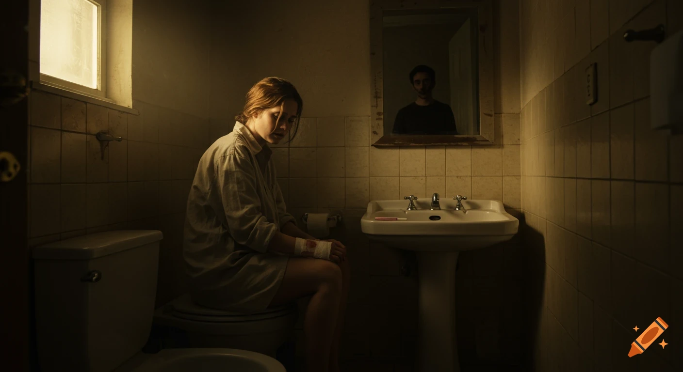 A distressed woman sits on a toilet in a dimly lit bathroom, holding her bandaged hand, with a positive pregnancy test on the sink. A man's reflection is visible in the mirror.