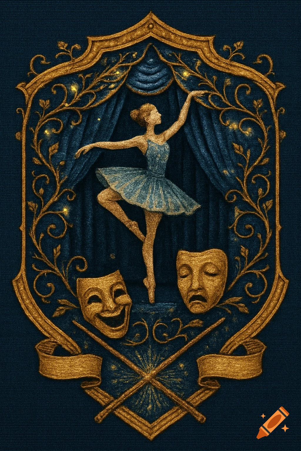 A golden crest featuring a ballerina en pointe under blue curtains, flanked by comedy and tragedy masks, on a dark blue textured background.