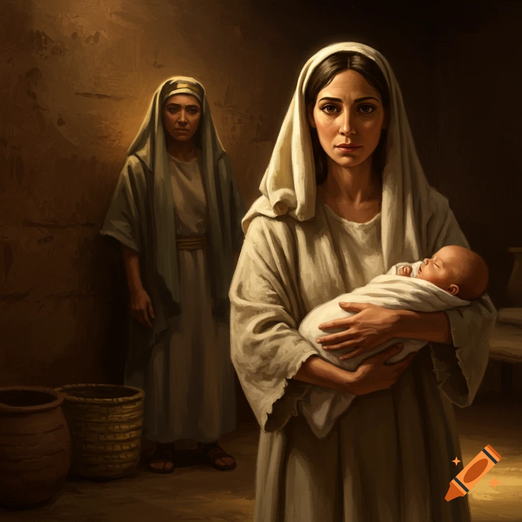 A woman in ancient robes holds a swaddled newborn, looking forward, as another woman watches from the background in a dimly lit, humble room.