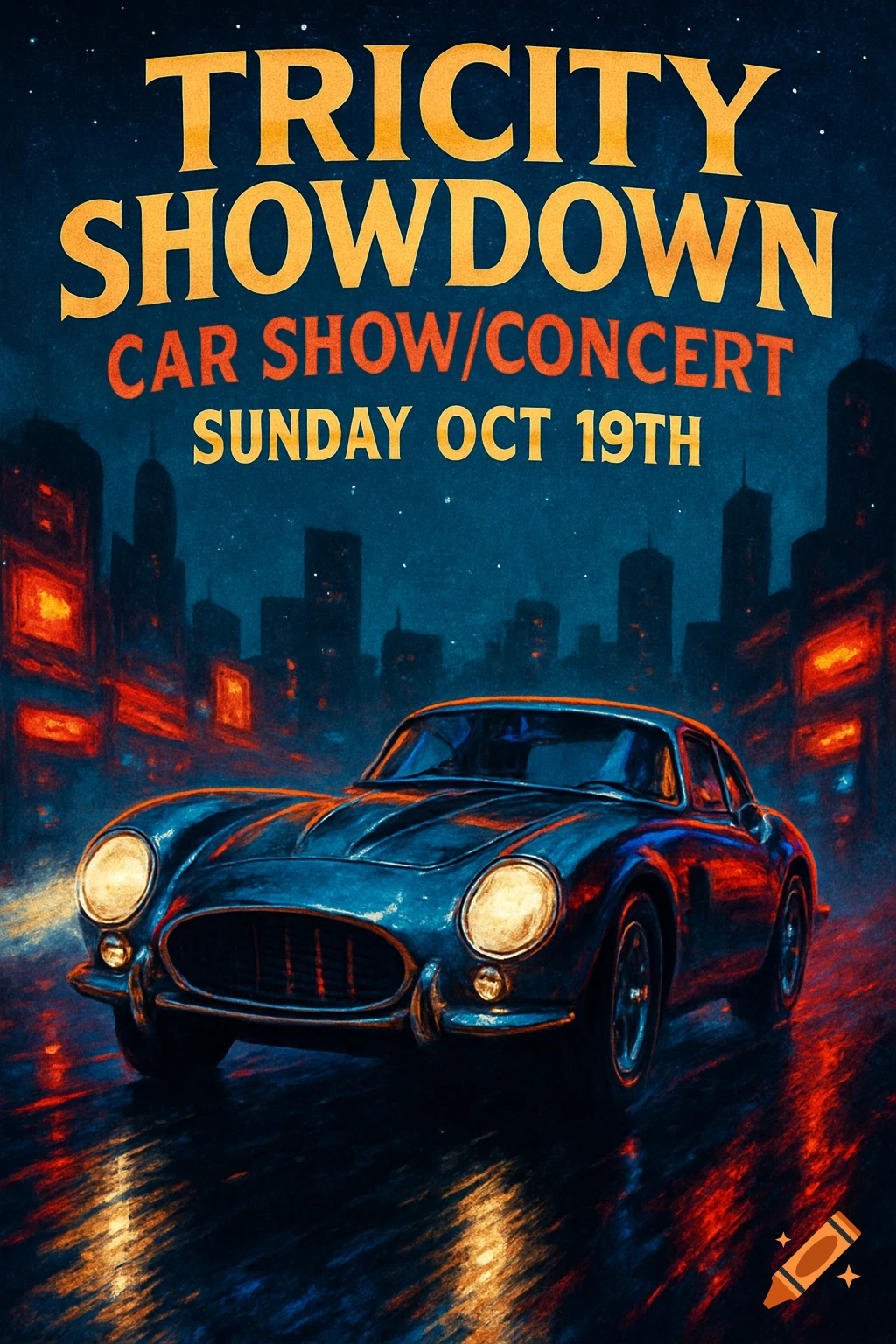 A classic blue sports car on a wet city street at night under text reading 'Tricity Showdown Car Show/Concert Sunday Oct 19th'.