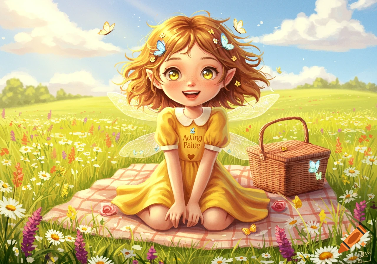 A cute fairy girl with blonde hair and wings sits on a picnic blanket in a field of colorful flowers with a basket under a sunny sky.