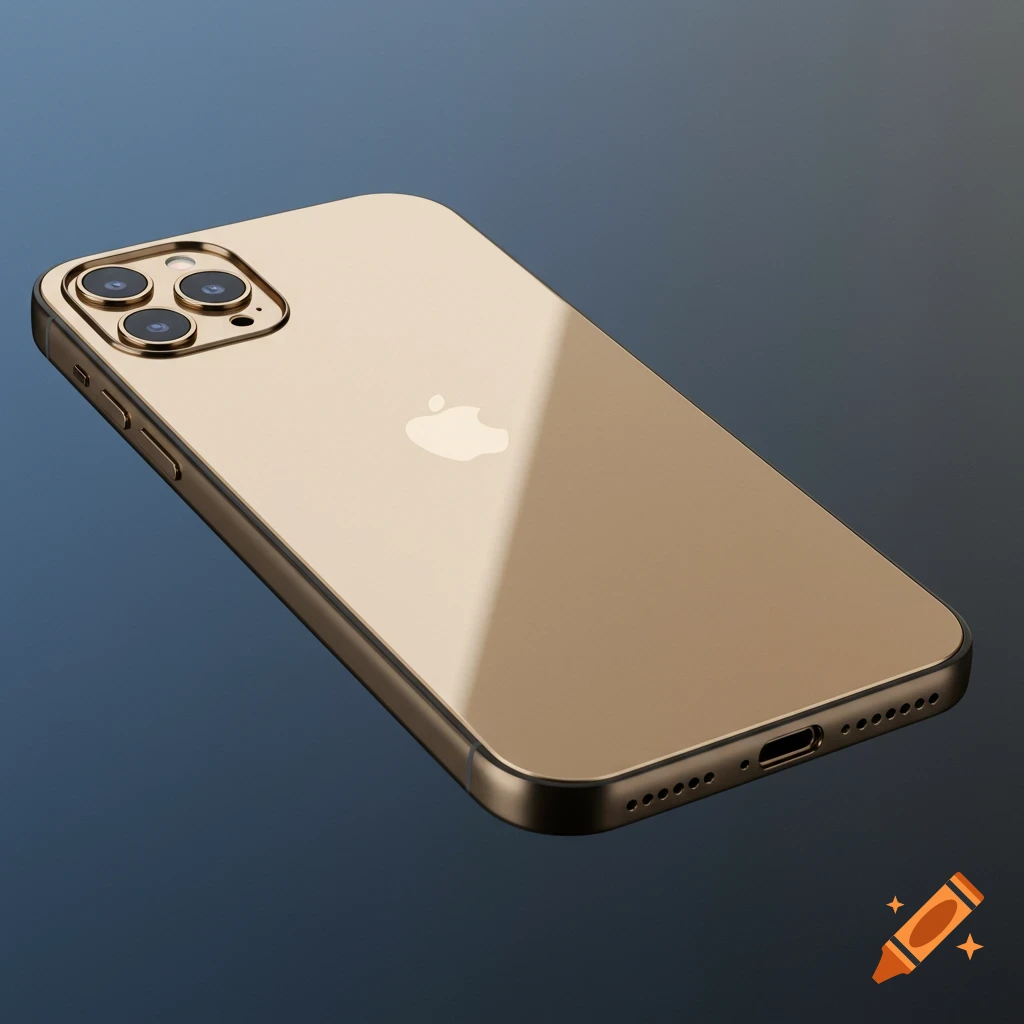 A gold iPhone 16 Pro shown from the back with its triple camera setup, against a dark blue background.