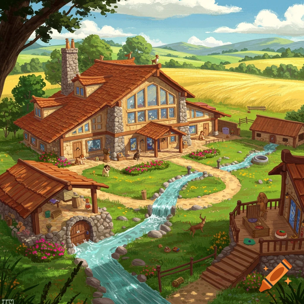 A whimsical cartoon illustration of a large, dog-friendly house with a stream and various dogs playing in a rural landscape.