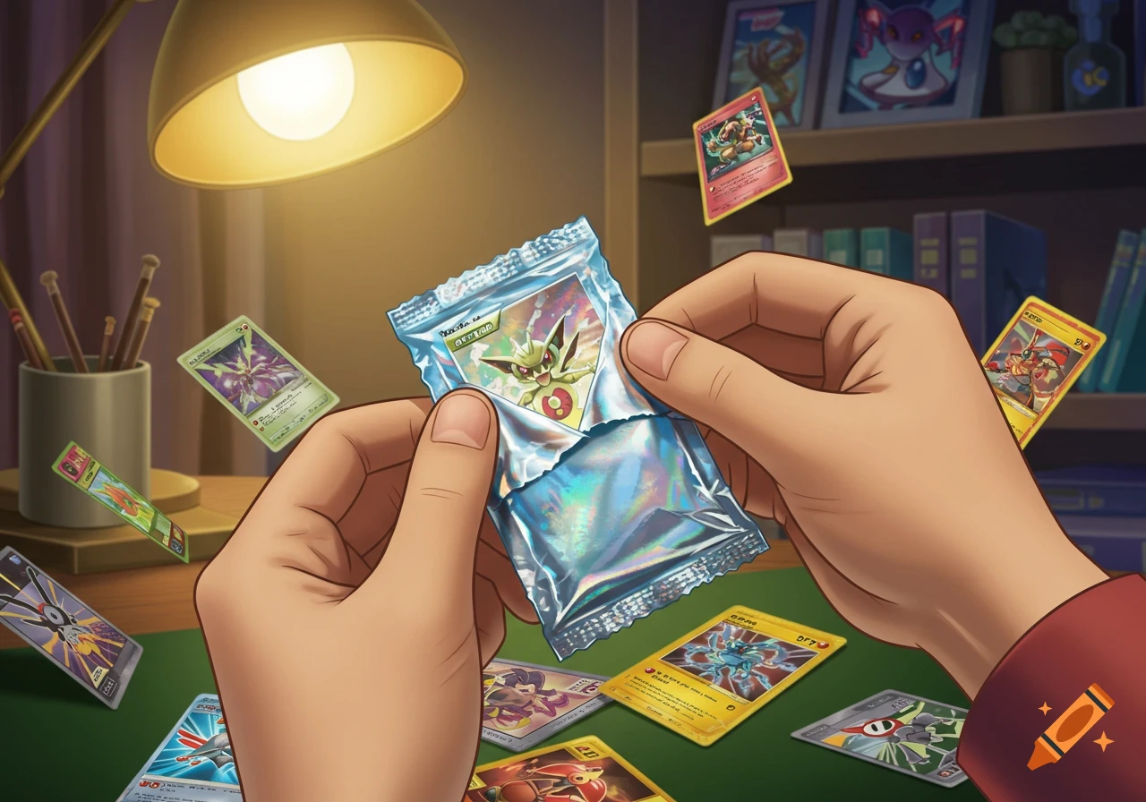 A person's hands open a holographic pack, revealing a cartoon monster trading card. Other cards float around on a green desk under a lamp.