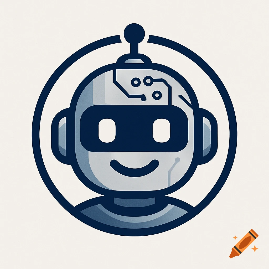 A friendly robot head logo with a circuit board pattern inside a circle.