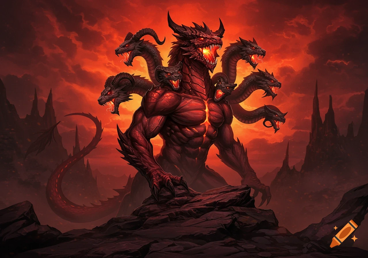 A formidable red dragon-like beast with multiple hydra-like heads, glowing red eyes, and a muscular body stands in a fiery, dark fantasy landscape.