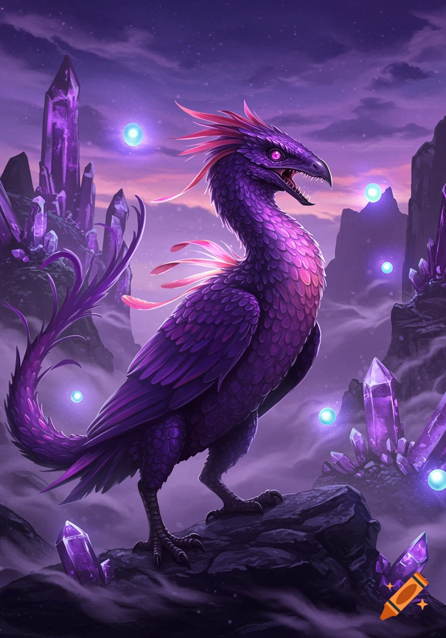 A purple reptilian creature with a bird's head stands on a rock in a fantasy landscape with large purple crystals and glowing orbs.