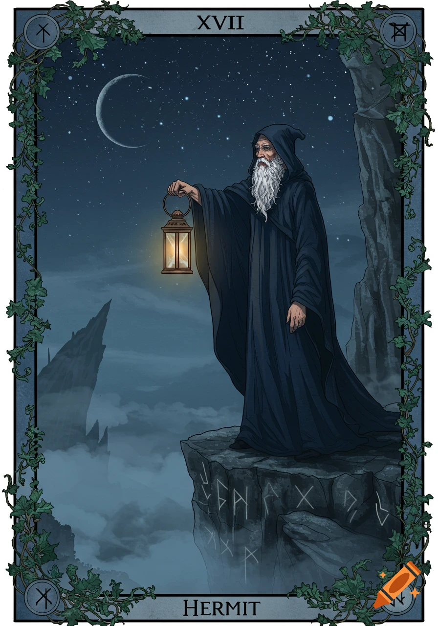 An illustration of the Hermit tarot card. An old robed man with a long white beard holds a lantern on a cliff edge under a crescent moon and starry sky.