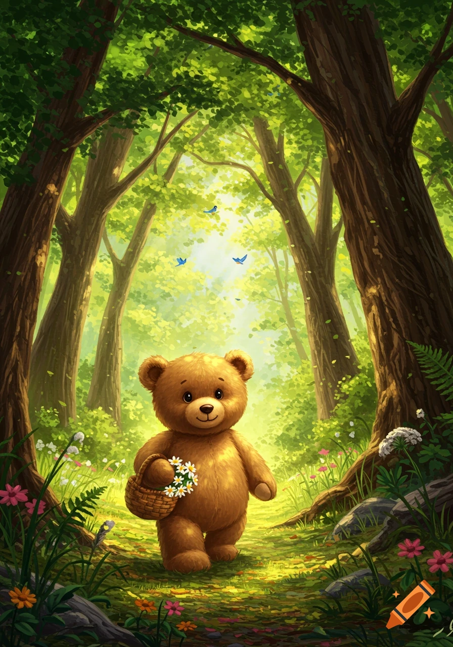 A cute teddy bear walks on a sunlit path through a vibrant green forest, holding a basket of flowers.