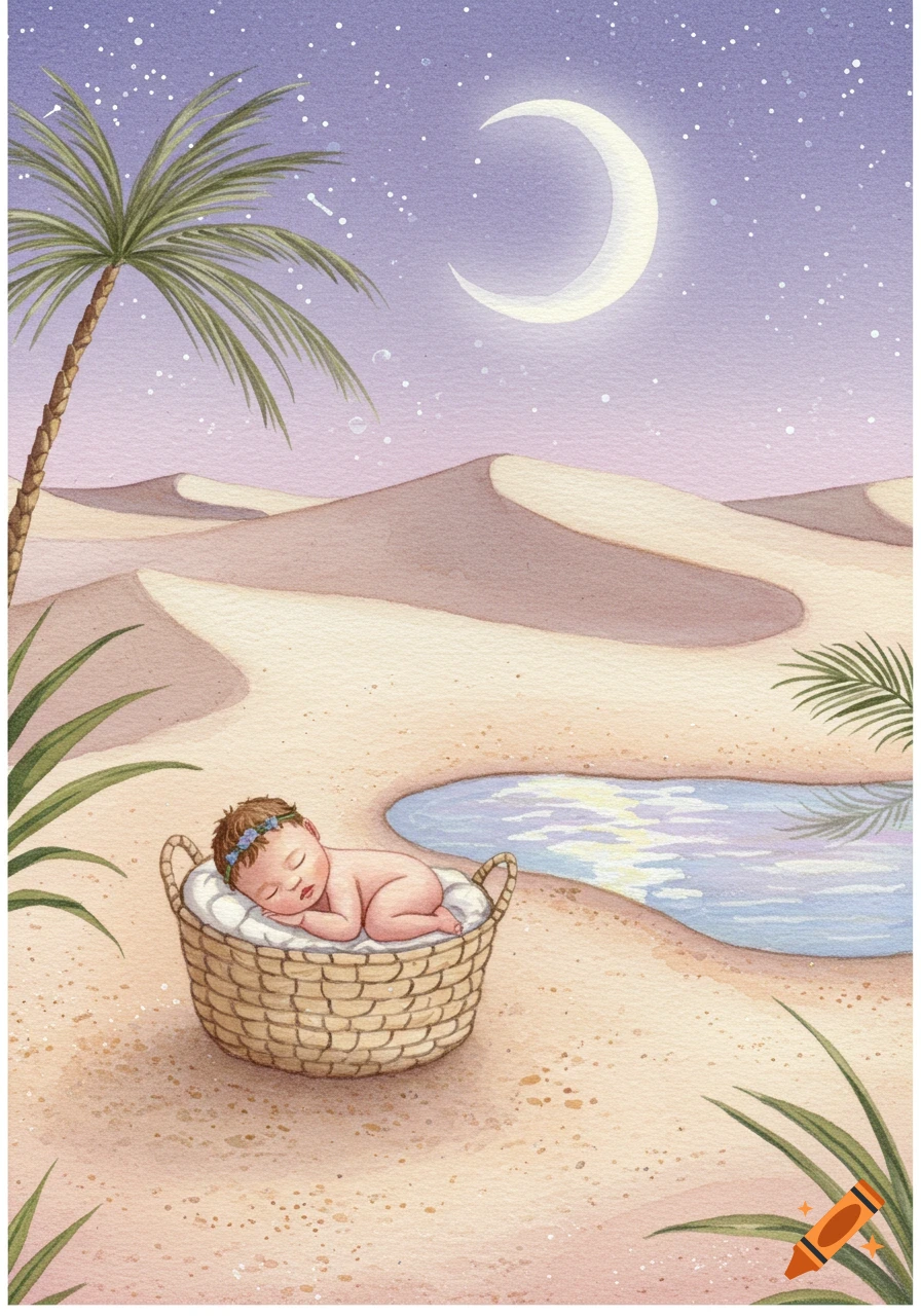 Watercolor of a sleeping newborn in a basket by an oasis pond in a desert night under a crescent moon.