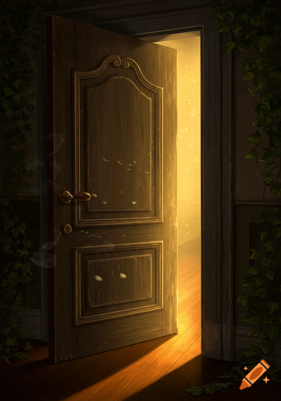 A wooden door slightly ajar, revealing a bright, golden light with sparkling particles emanating from inside a dark room with ivy.