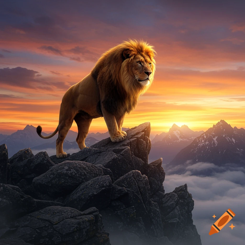 Photorealistic image of a majestic lion standing on a rocky mountain peak at sunset, with a vibrant orange and purple sky and distant mountains.