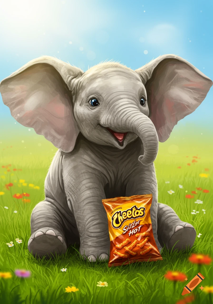 A happy baby elephant sits in a grassy field with colorful flowers, holding a bag of Cheetos Sizzlin' Hot. Digital art.