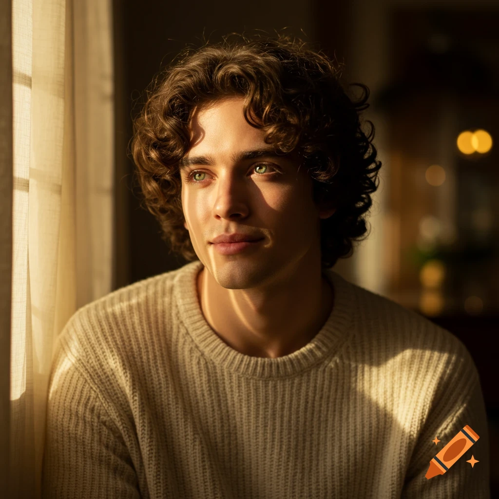 A young man with curly brown hair and green eyes looks out a window in warm golden light, wearing a cream knit sweater. Photorealistic.