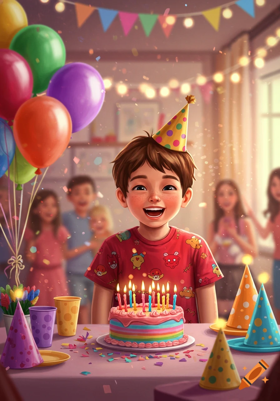 A happy boy in a party hat smiles broadly in front of a colorful birthday cake with lit candles, surrounded by balloons and confetti at a party.