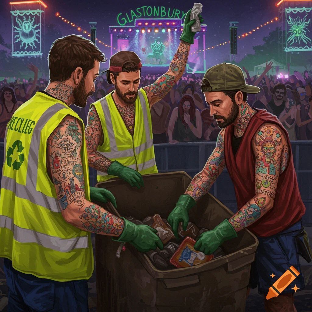 Three tattooed men in hi-vis vests and gloves sort trash into a bin at a vibrant, crowded Glastonbury music festival at night.