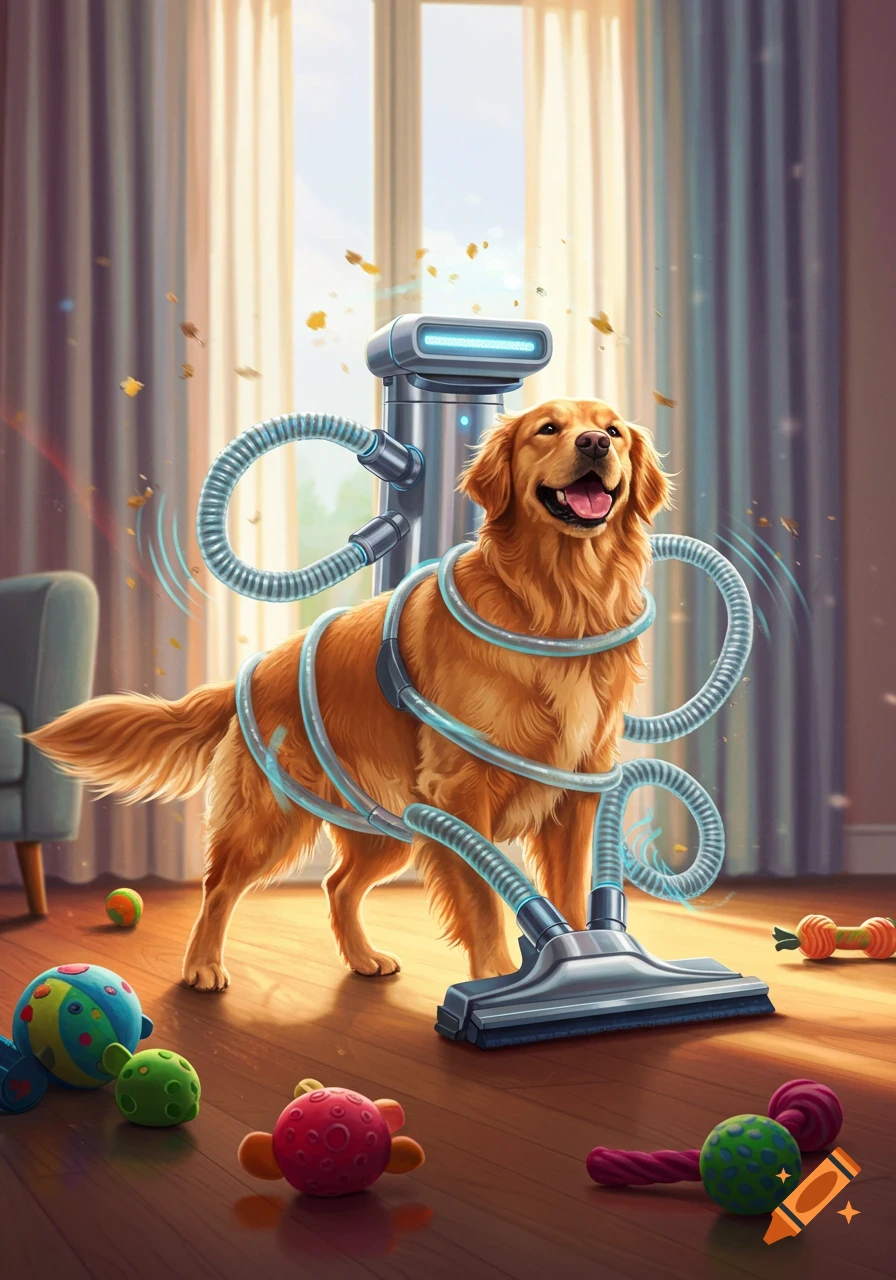 A happy Golden Retriever dog tangled in the hose of an upright vacuum cleaner on a wooden floor with toys, rendered in an illustrative style.