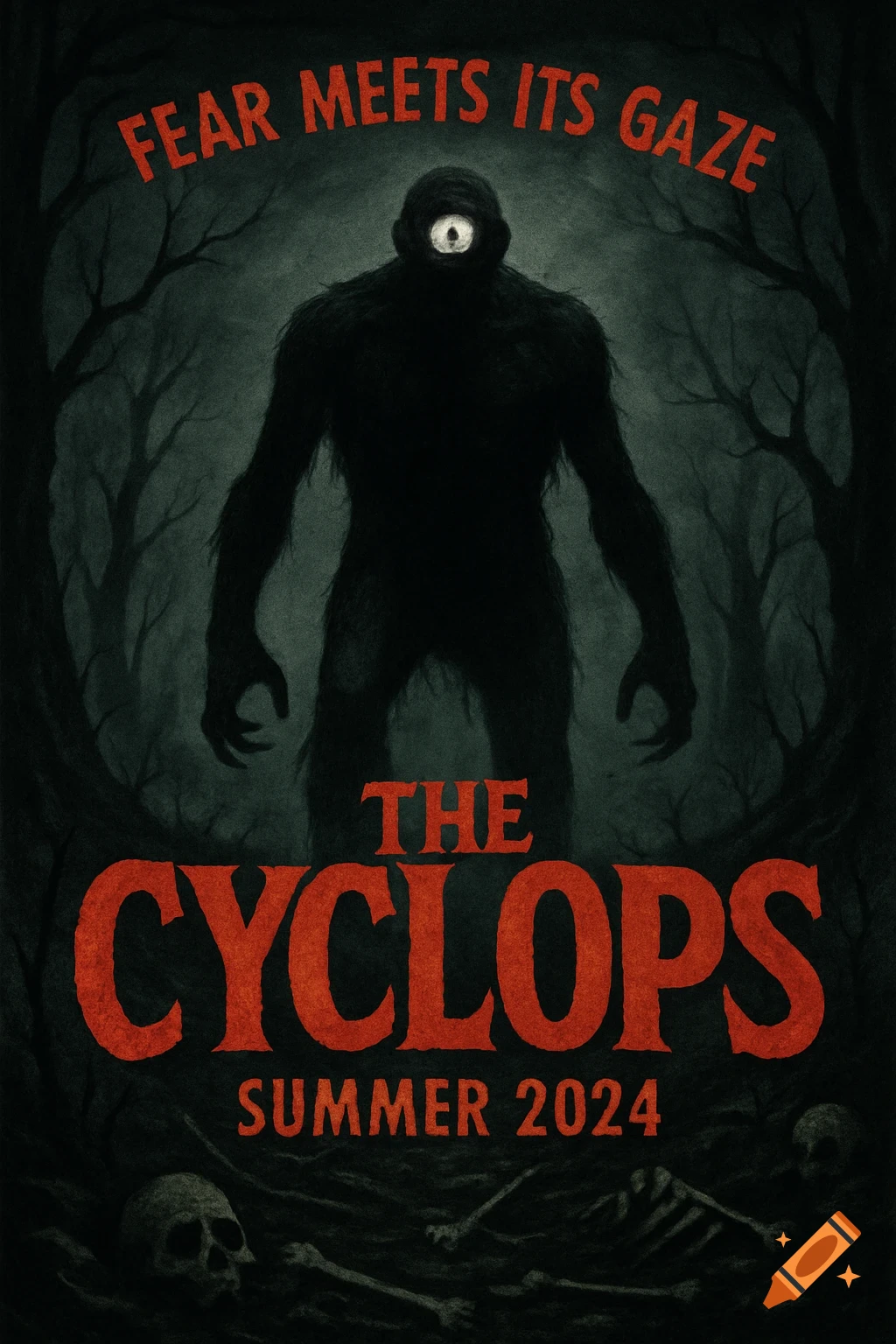 Horror movie poster with a large, dark cyclops in a creepy forest, surrounded by skulls and bones. Text: 'FEAR MEETS ITS GAZE', 'THE CYCLOPS', 'SUMMER 2024'.