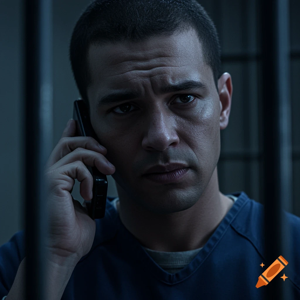 A close-up photorealistic portrait of a concerned man in a blue uniform talking on a phone in a dimly lit prison.