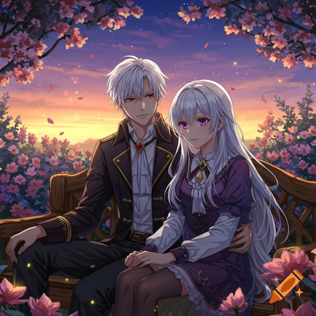 Anime couple with white and silver hair, red and purple eyes, sitting on a bench in a cherry blossom garden at sunset.