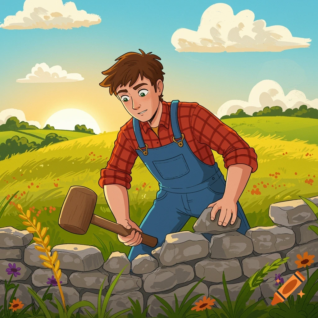 Cartoon-style young man in overalls and a red plaid shirt building a stone wall in a sunny green field at sunset.