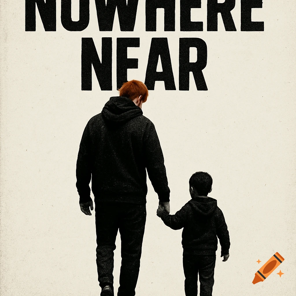 A man with red hair and a child walk away, holding hands, against a light background with the text 'NOWHERE NEAR' above. Stylized, grainy image.