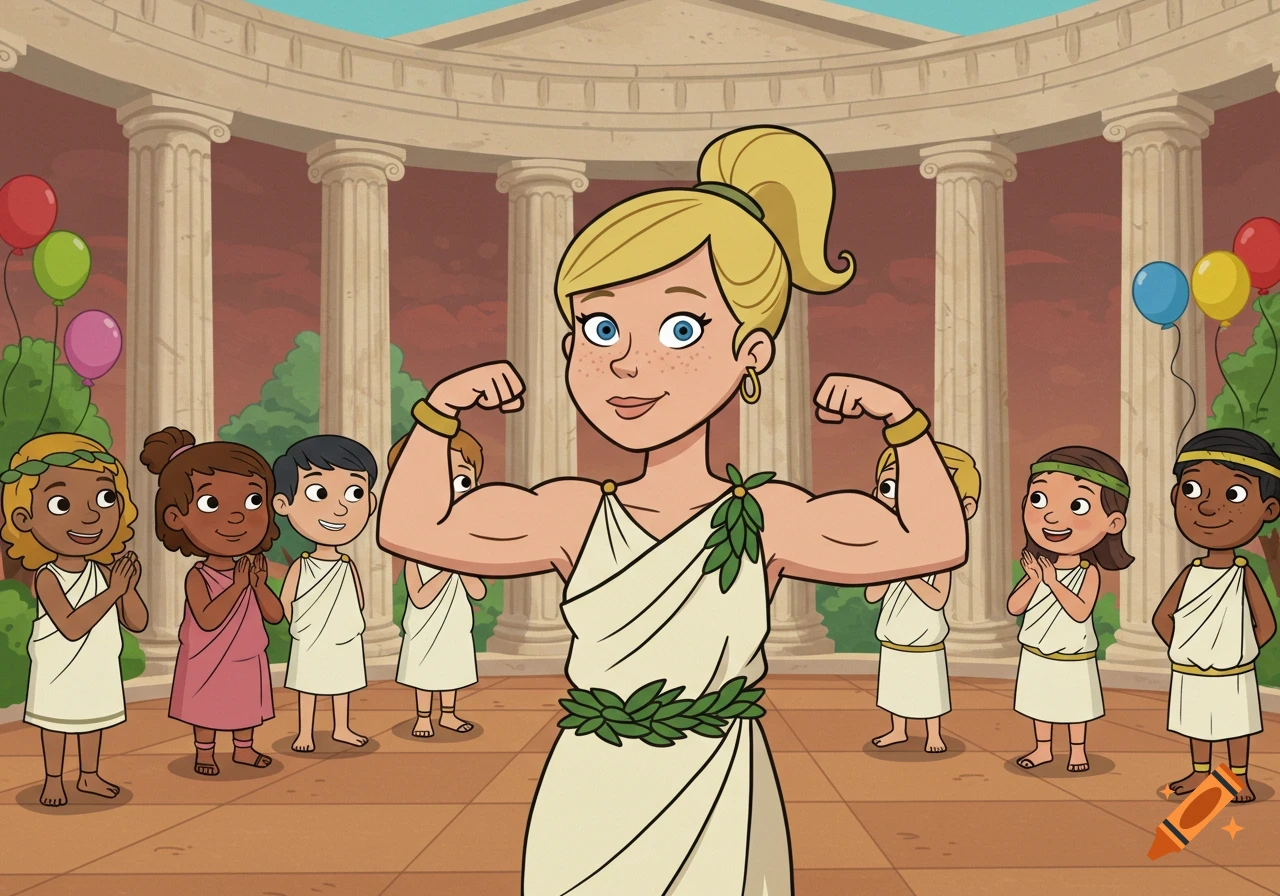 A blonde cartoon woman in a toga flexes her muscles at a party, surrounded by children in togas in a classical setting.